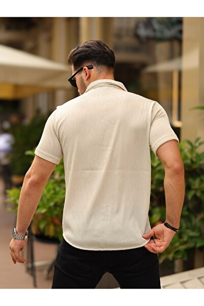 comstar Men's Summer Flexible Tight Basic Short Sleeve Cream Shirt