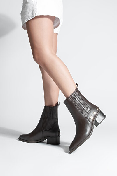 Marjin Women's Pointed Toe Chelsea Double Elastic Trock Studded Heeled Boots Alura Brown