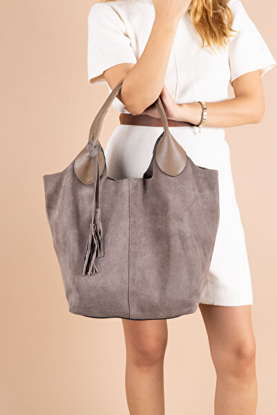 Getcho Elena Dark Mink Tassel Detailed Genuine Leather Suede Shoulder Crossbody Bag – Large Volume, Stylish and Convenient