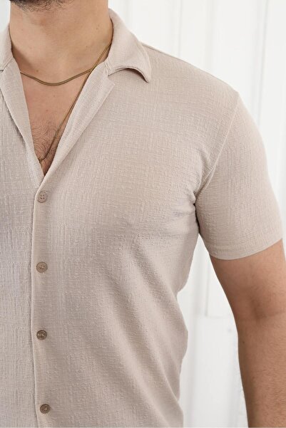 comstar Чоловіча сорочка з коротким рукавом з кремового льону з власним візерунком