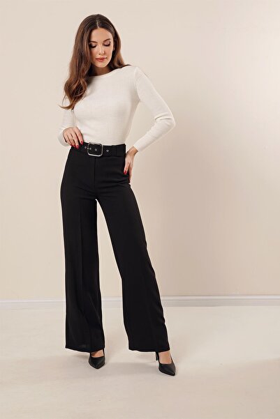 By Saygı Waist Belted Wide Leg Crepe Trousers