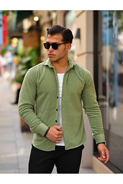 comstar Men's Basic Long Sleeve Tight Cotton Green Fleece Shirt