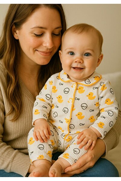 anne dokunuşu gibi KUZUM BEBE 2’li Fitilli Kumaş Civciv Desenli Kız Erkek Bebek Çocuk Alt Üst Pijama Takımı
