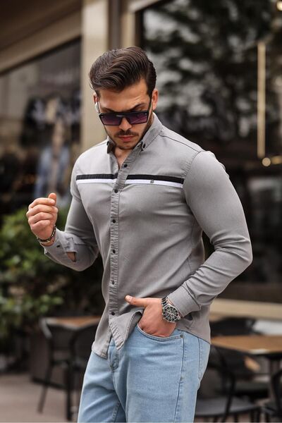 comstar Men's Slim Fit Striped Long Sleeve Tight Smoked Denim Shirt