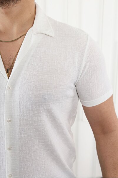 comstar Чоловіча сорочка з коротким рукавом з білого льону з візерунком