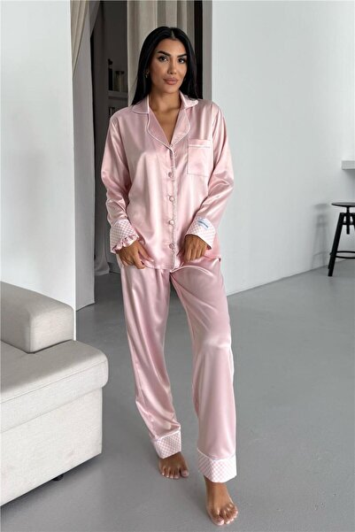 COCCOLARSI Liscio e Quadri Pudra Pembesi Saten Uzun Pijama Takımı