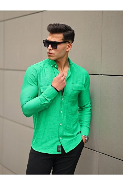 WOWA COMPANY Erkek A Kalite Keten Slim Fit Uzun Kol Çift Kapaklı Gömlek