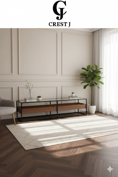 Crestj طاولة بلازما بسطح زجاجي مع رف خشبي بني مقسم مقاس 180*40 سم - جودة وفخامة في التصميم