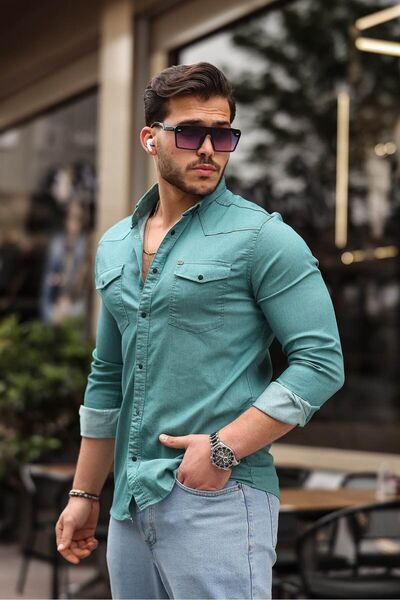 comstar Slim Fit Snap Fastener Double Pocket Denim Shirt