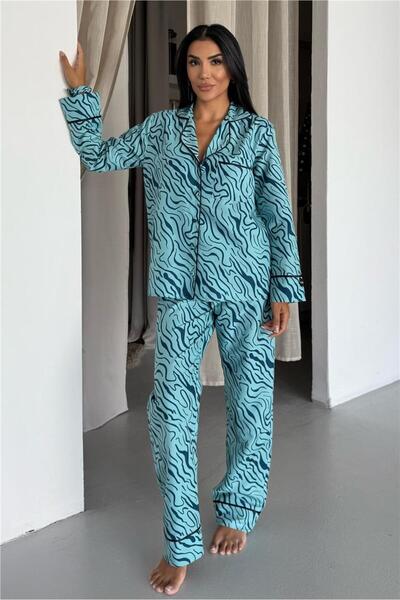 COCCOLARSI Eleganza Selvaggia Mavi Uzun Pijama Takımı