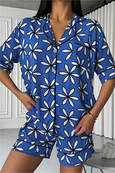 COCCOLARSI L'Innocenza Della Margherita Mavi Viskon Kısa Pijama Takımı