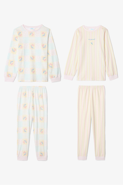Penti Optisches weißes zweiteiliges Pyjama-Set aus Baumwolle mit langen Ärmeln und Knisterblumenmuster für Mädchen