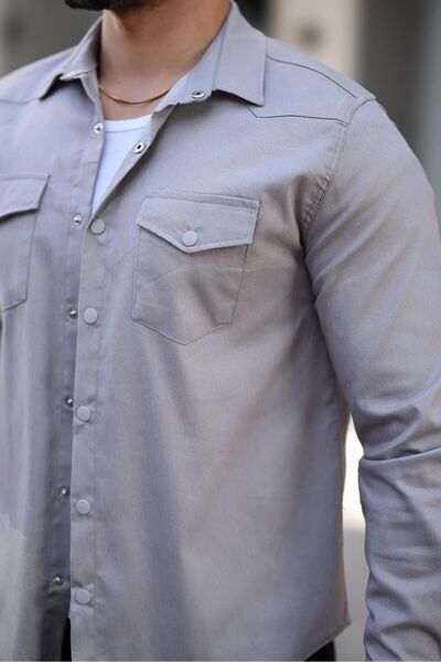 comstar Men's Seasonal Trendy Pocket Snap Gray Denim Shirt