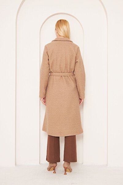 comstar Women's Trendy Wool Blend Belted Brown Boucle Coat