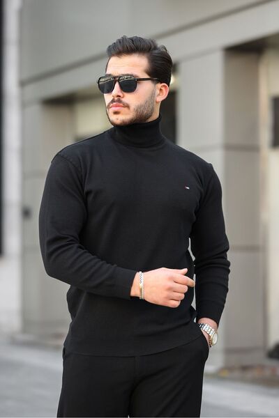 comstar Pulover de tricotaj negru cu gât țesut pentru bărbați