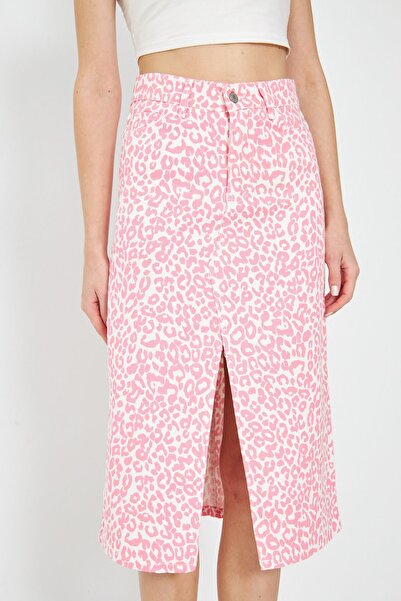 comstar Women's High Waist Slit Leopard Pattern Pink Denim Skirt