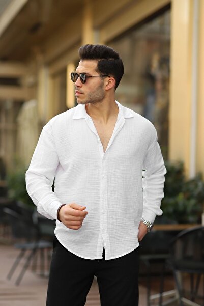 comstar Men's Basic Double Breasted Collar Long Sleeve White Linen Shirt