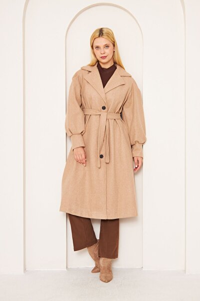 comstar Kadın Balon Kol Owersize Desenli Manşetli Kaşe Kaban