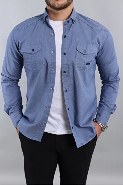 WOWA COMPANY Cămașă din blugi pentru bărbați, slim fit, cu două buzunar