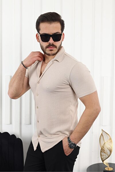 comstar Чоловіча сорочка з коротким рукавом з кремового льону з власним візерунком