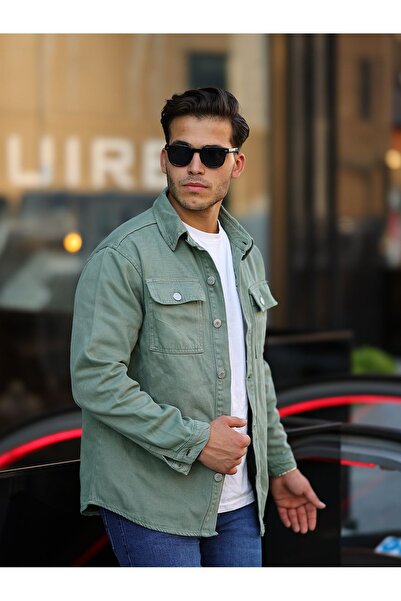 comstar Men's Oversize Cover Pocket Basic Loose Green Denim Shirt