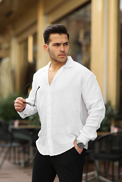 comstar Чоловіча базова сорочка з кружевим коміром, довгими рукавами та білим льоном