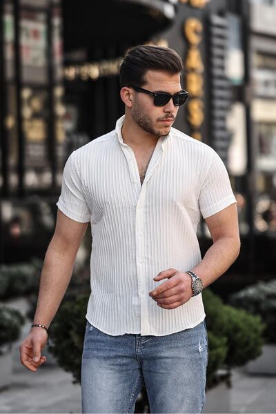 comstar Ανδρικό κοντομάνικο λευκό πουκάμισο με αυτο-ρίγες