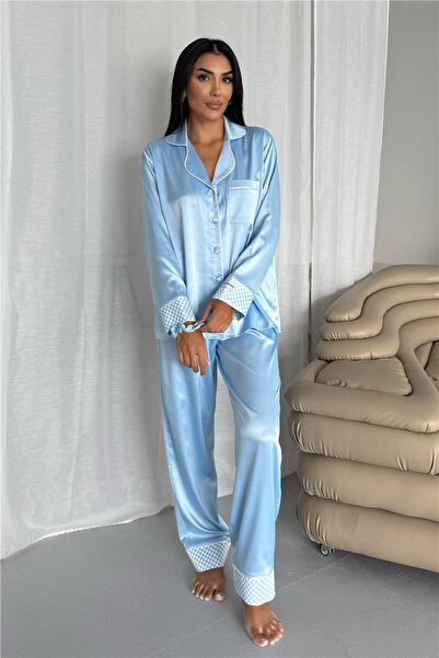 COCCOLARSI Liscio e Quadri Bebe Mavisi Saten Uzun Pijama Takımı