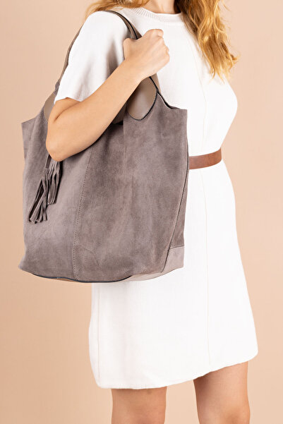 Getcho Elena Dark Mink Tassel Detailed Genuine Leather Suede Shoulder Crossbody Bag – Large Volume, Stylish and Convenient