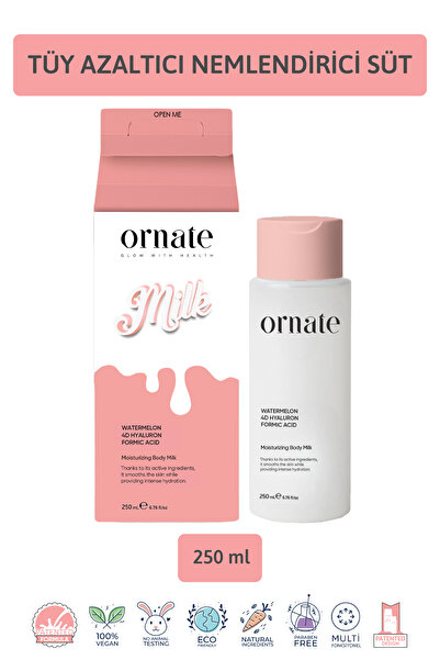 ORNATE Intensive Moisturizing Body Milk Lotion Hair Reducing, Repairing 4D Hyaluronic Acid 250 ml Vegan