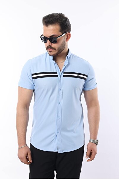 comstar Чоловіча короткорукавна вузька літня сорочка з подвійними смужками, синя