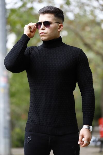 WOWA COMPANY Pulover negru cu gât tricotat pentru bărbați