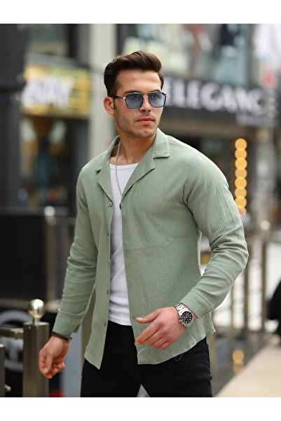 comstar Ανδρικό πουκάμισο με διπλό γιακά μακρυμάνικο πράσινο λινό