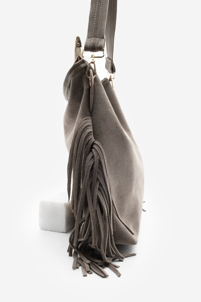 Marjin Women's Genuine Leather Tassel Detailed Hand and Shoulder Bag Soliga Mink Suede