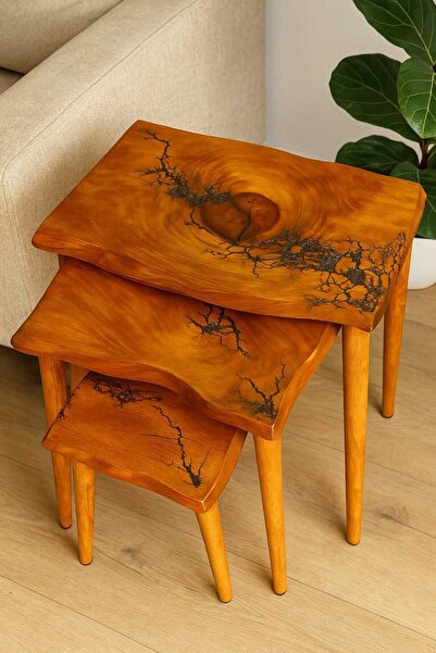 menalART Ağaç Tasarım Doğal Ağaç Kiraz Serisi Kızıl Zigon Sehpa Takımı El Yap...