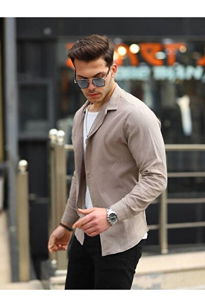 comstar Мъжка обикновена риза от лен с двойна яка и дълъг ръкав, кафява