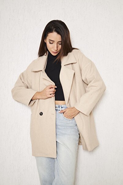 comstar Women's Trendy Buttoned Double Breasted Short Cream Cashmere Coat