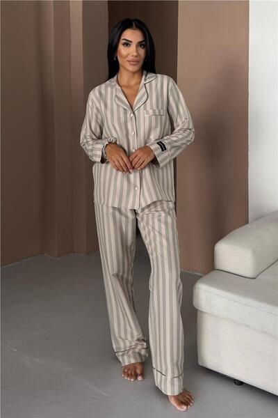 COCCOLARSI Sottile Selvaggio Krem Uzun Pijama Takımı
