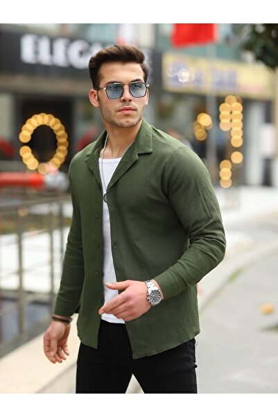 comstar Ανδρικό λινό πουκάμισο με διπλό γιακά με μακρύ μανίκι χακί