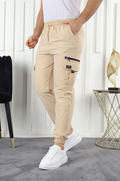 comstar Men's Elastic Waist Cargo Pocket Cream Jogger Pants