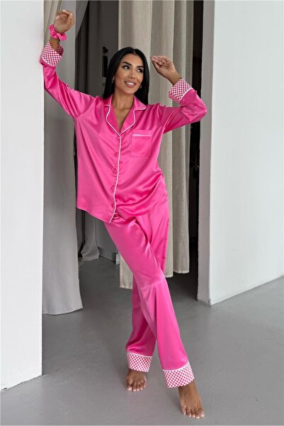 COCCOLARSI Liscio e Quadri Fuşya Saten Uzun Pijama Takımı