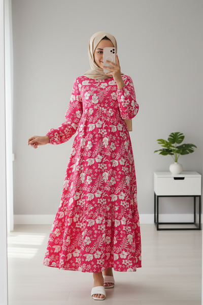 MODAQU Çiçekli Kol Lastik Elbise - Fuşya