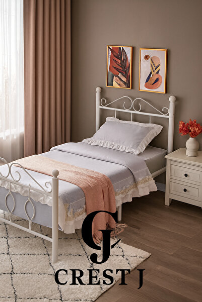 Crestj سرير معدني أنيق، مقاس فردي، أبيض || 190 سم * 90 سم