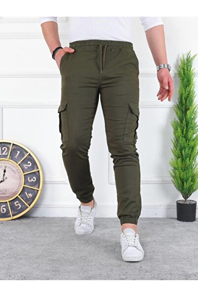 comstar Men's Washed Elastic Waist Cargo Pocket Khaki Trousers