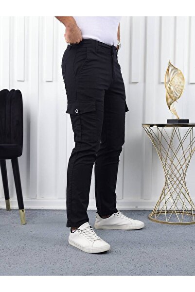 comstar Men's High Waist Cargo Pocket Stretchy Tight Black Trousers