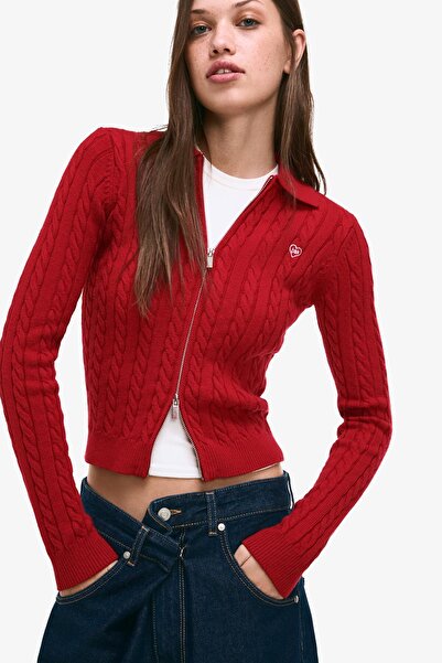 Bershka Örgü detaylı polo yaka hırka