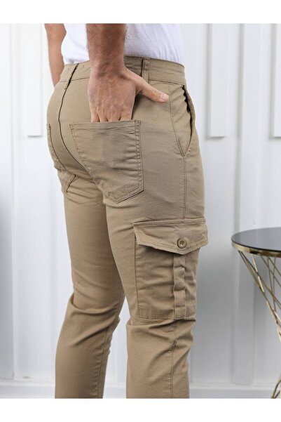 comstar Мъжки тънък панталон с висока талия и карго джобове, гъвкав, кафяв