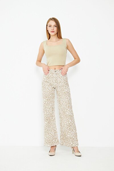 comstar Women's Leopard Patterned Wide Leg Cream Palazzo Trousers