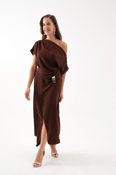 Lafaba Rochie midi maro pentru femei cu detalii accesorii