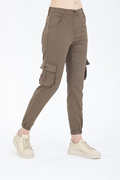 comstar Γυναικείο παντελόνι Cargo Pocket ψηλόμεσο στενό παντελόνι καφέ